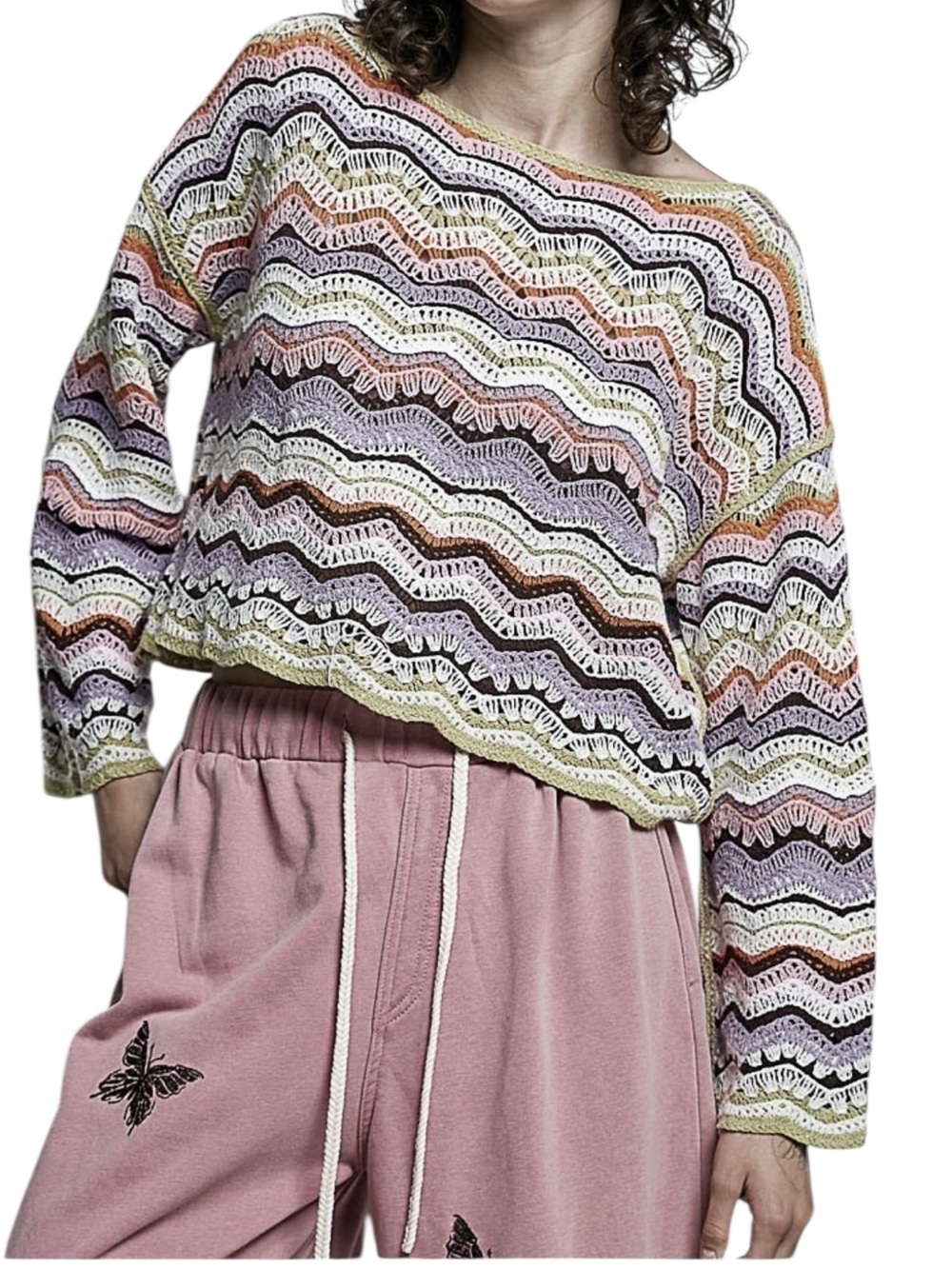 POL Multi Color Crochet Bell Sleeve Knit Top